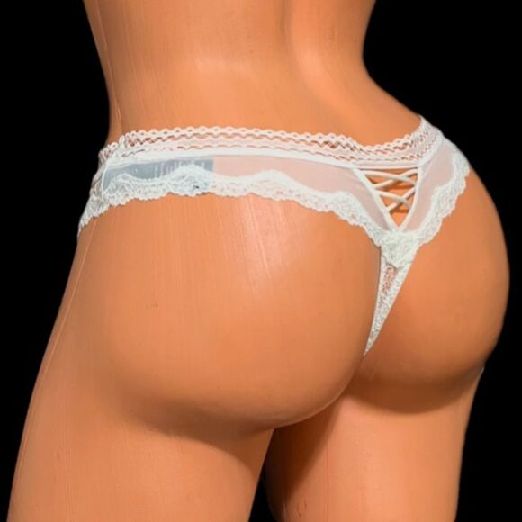 Victorias Secret Very Sexy Lace up back floral lace Mesh Thong panty white L - Picture 1 of 2